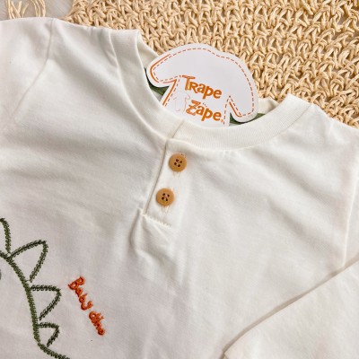 Conj. Blusa Manga Longa Baby Dino e Calça de Moletom - Off White e Verde